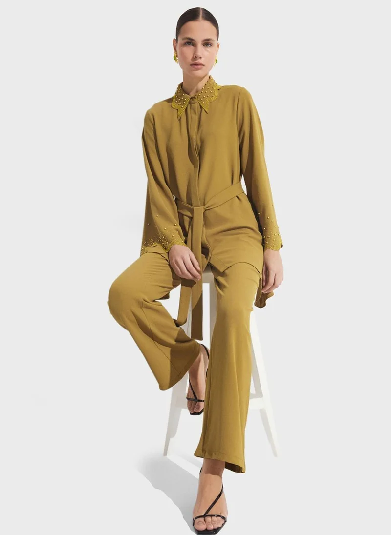 JUNE Embellished Belted Shirt & Pants Set