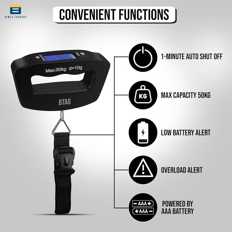 Btag Portable Electronic Luggage Weighing Scale | 50kg/110Lb Digital Handheld Travel Weight Scale with LED Display | Compact & Durable Suitcase/Baggage Weight Checker for Home – Pack of 1 (A09) - Image 5