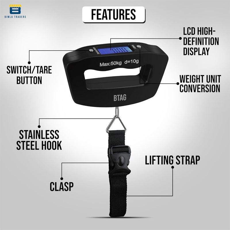Btag Portable Electronic Luggage Weighing Scale | 50kg/110Lb Digital Handheld Travel Weight Scale with LED Display | Compact & Durable Suitcase/Baggage Weight Checker for Home – Pack of 1 (A09) - Image 2