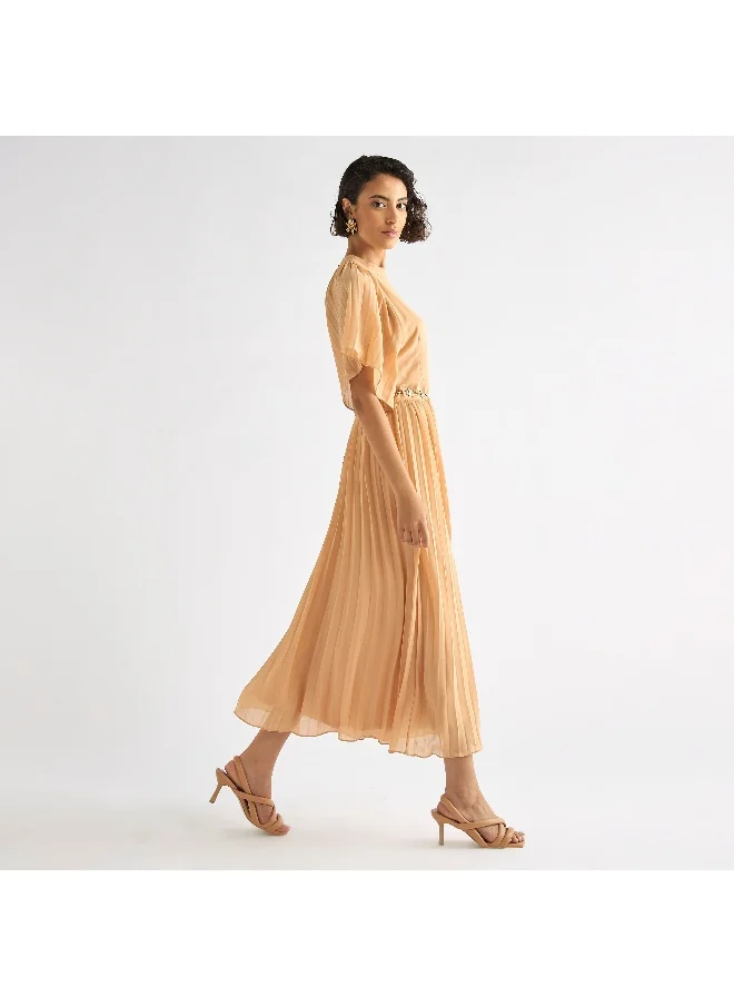 FAV Pleated Maxi Dress with Ruffle Sleeves