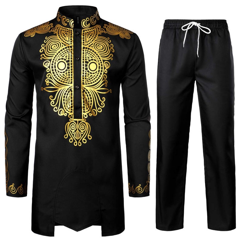 LucMatton Men's African Attire 2 Piece Set Long-Sleeve Gold Foil Printing Dashiki and Pants Outfit Traditional Suit Black Gold Large - Image 1