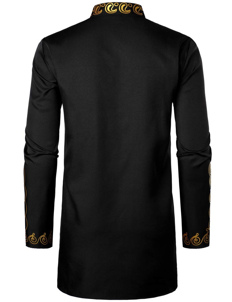 LucMatton Men's African Attire 2 Piece Set Long-Sleeve Gold Foil Printing Dashiki and Pants Outfit Traditional Suit Black Gold Large - Image 4