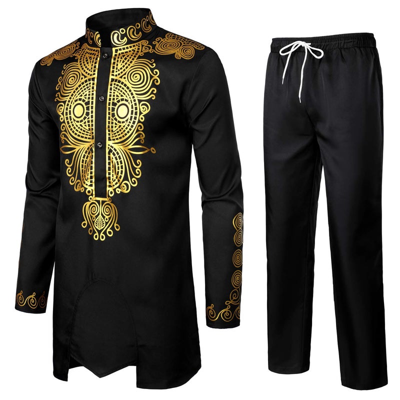LucMatton Men's African Attire 2 Piece Set Long-Sleeve Gold Foil Printing Dashiki and Pants Outfit Traditional Suit Black Gold Large - Image 2