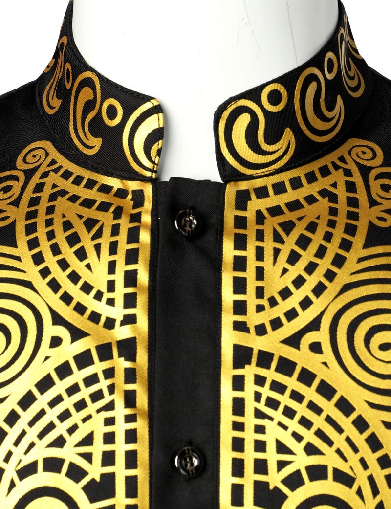 LucMatton Men's African Attire 2 Piece Set Long-Sleeve Gold Foil Printing Dashiki and Pants Outfit Traditional Suit Black Gold Large - Image 5
