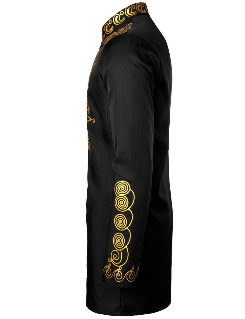 LucMatton Men's African Attire 2 Piece Set Long-Sleeve Gold Foil Printing Dashiki and Pants Outfit Traditional Suit Black Gold Large - Image 3