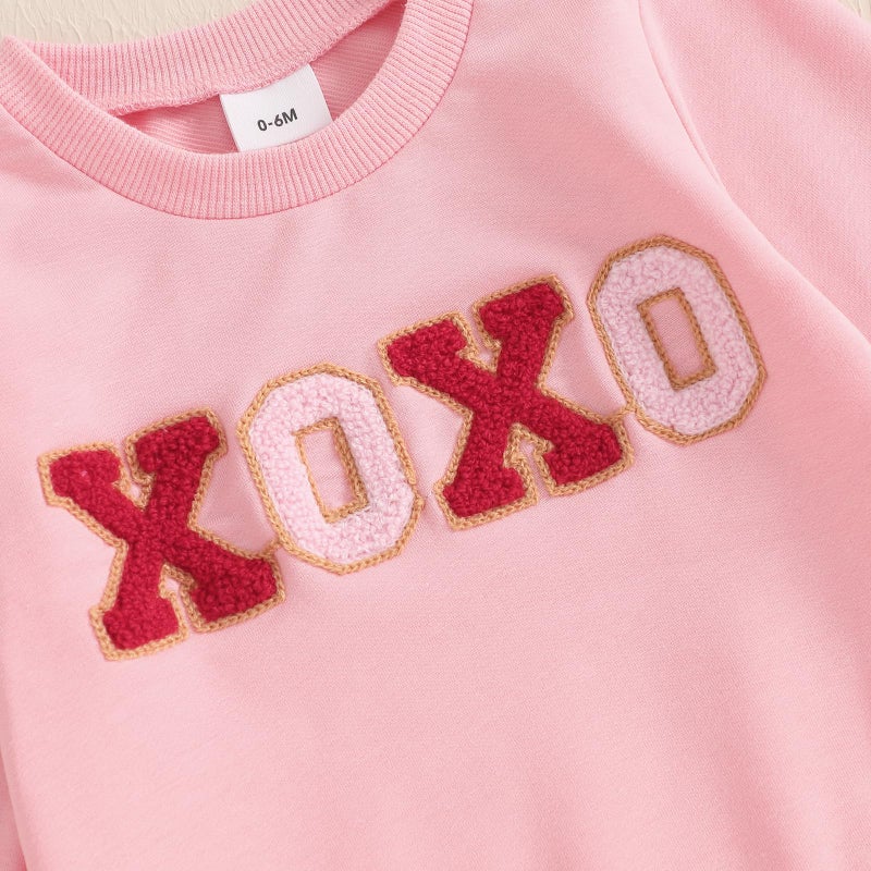wybzd Toddler Baby Girl Valentines Outfits Embroidery Crewneck Sweatshirt Heart Bell-bottom Pants Set Valentines Day Clothes (Pink XO, 3-4 Years) - Image 3