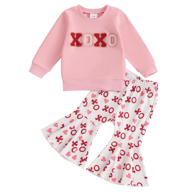 wybzd Toddler Baby Girl Valentines Outfits Embroidery Crewneck Sweatshirt Heart Bell-bottom Pants Set Valentines Day Clothes (Pink XO, 3-4 Years) - Image 1