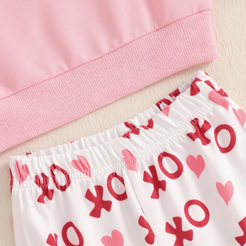 wybzd Toddler Baby Girl Valentines Outfits Embroidery Crewneck Sweatshirt Heart Bell-bottom Pants Set Valentines Day Clothes (Pink XO, 3-4 Years) - Image 5