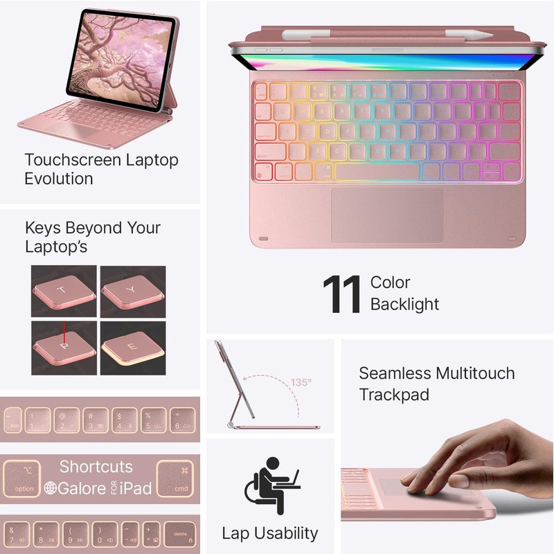 typecase لوحة مفاتيح Edge لجهاز iPad Air 11 (M3/M2)، Air الجيل 5/4 و Pro 11 (الجيل 4/3/2/1)، إضاءة خلفية بـ 11 لون، تصميم عائم، لوحة لمس دقيقة - وردي ذهبي'25 (لا تناسب A16/10/11-M4) - Image 5