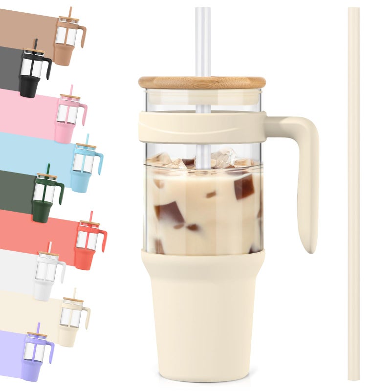 tronco Tronco 40 oz Glass Tumbler with Straw and Lid, Reusable Glass Tumbler with Handle, Iced Coffee Cup with Bamboo Lid,  - Image 1