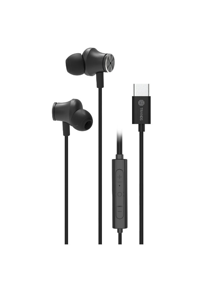 Trands TR-HS8672 Type-C In-Ear Headphones with Active Noise Cancellation (ANC), 12mm Drivers, High-Definition Mic & Ergonomic Design - Black - Image 1