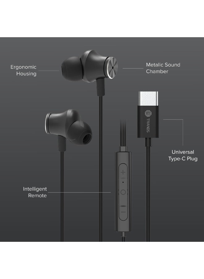 Trands TR-HS8672 Type-C In-Ear Headphones with Active Noise Cancellation (ANC), 12mm Drivers, High-Definition Mic & Ergonomic Design - Black - Image 4