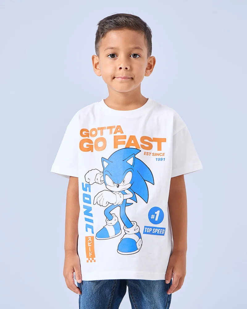 Redtag Boys White Sonic Print T-Shirt