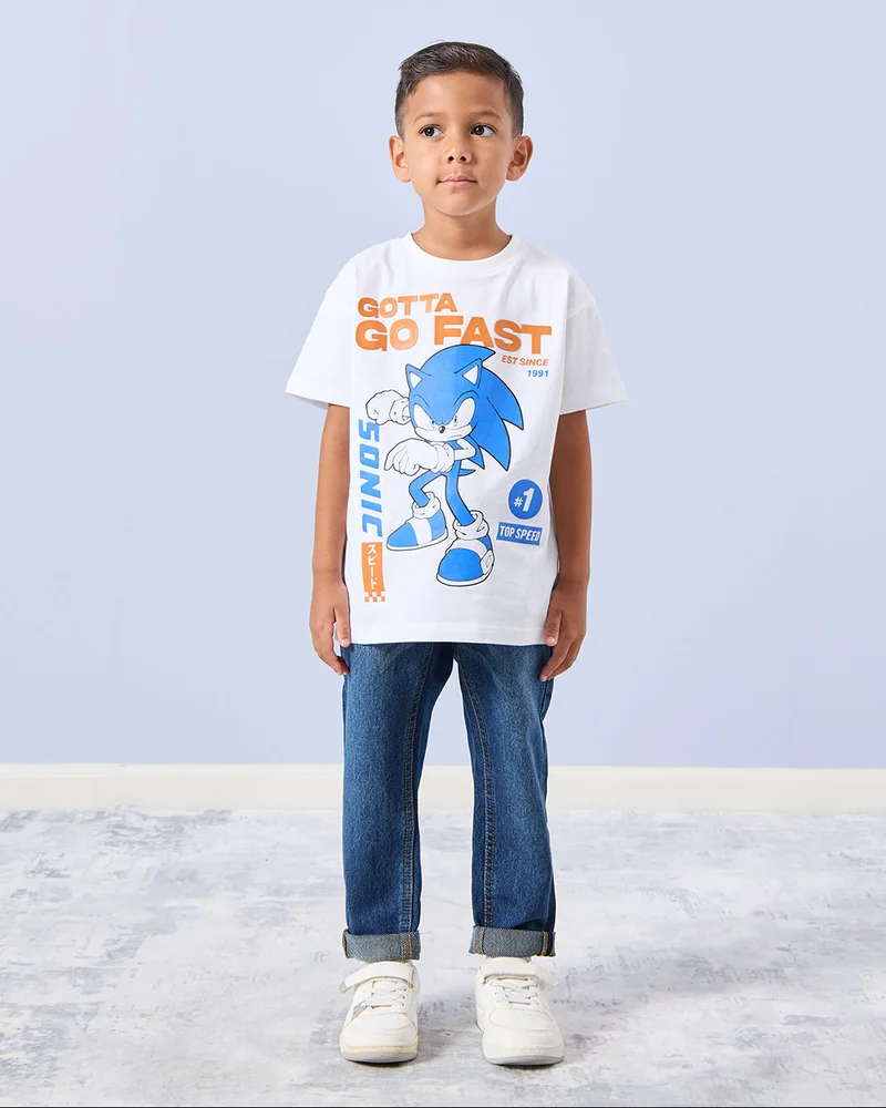 Redtag Boys White Sonic Print T-Shirt
