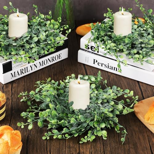 YLOLUL Mini Green Boxwood Candle Rings Wreaths Spring Summer Kitchen Cabinet Swags Wreath 3 Inch Wedding Rings Wreaths Pillar Candle Holder for Wedding Home Door Tabletop Decor - Image 3
