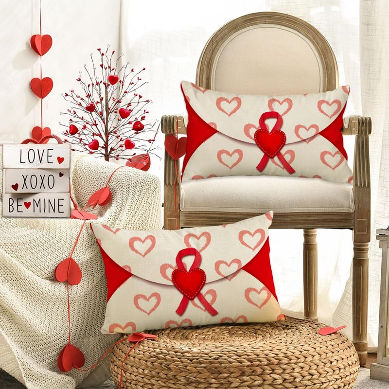 RABUSOFA Valentines Pillow Covers 12x20 inch Valentines Day Decoration Red Love Heart Envelope Anniversary Wedding Lumbar Throw Pillowcase for Couch Home Decor - Image 4