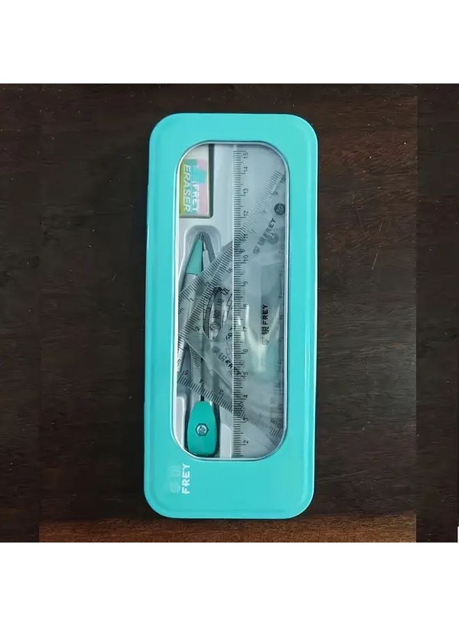 Blue 7 In 1 Durable Measuring And Drawing Tool Set With Compass Protractor Ruler Eraser - Image 1