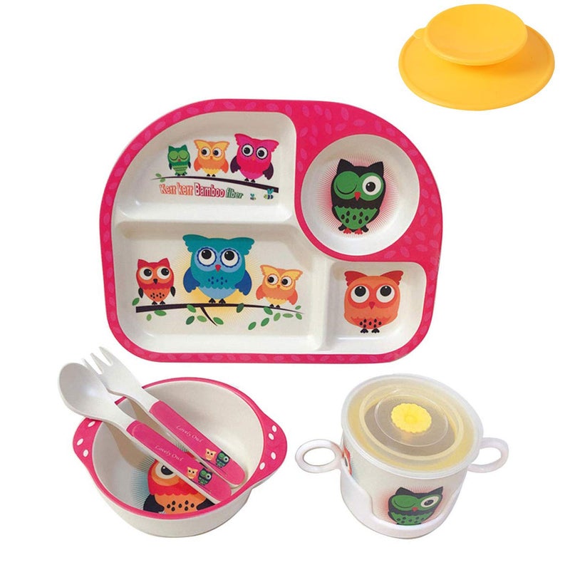 shopwithgreen 7Pcs/Set Bamboo Kids Dinnerware Set - Children Dishes - Food Plate Bowl Cup Spoon Fork Set Dishware, Cartoon Tableware, Dishwasher Safe Kids Healthy Mealtime, BPA Free - Image 1