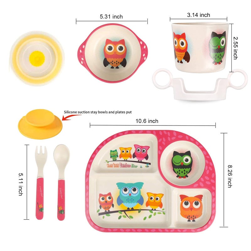 shopwithgreen 7Pcs/Set Bamboo Kids Dinnerware Set - Children Dishes - Food Plate Bowl Cup Spoon Fork Set Dishware, Cartoon Tableware, Dishwasher Safe Kids Healthy Mealtime, BPA Free - Image 2