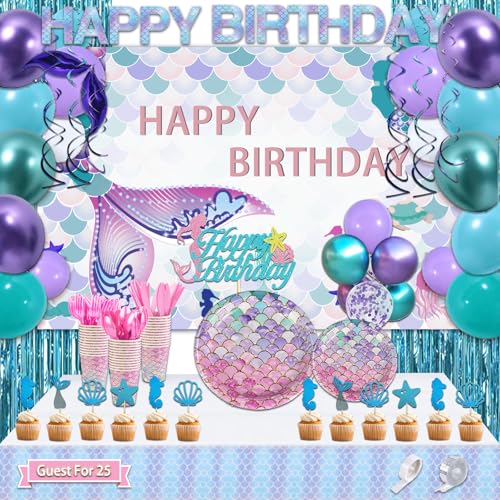 UJoyant 299 Pcs Mermaid Birthday Decorations, Mermaid Party Decorations Kit - Disposable Dinnerware Set with 25 Guests, Backdrop, Balloon, Banner, Tablecloth, Knives, Forks, Spoons, CakeTopper - Image 1