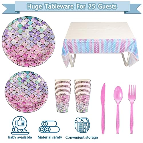 UJoyant 299 Pcs Mermaid Birthday Decorations, Mermaid Party Decorations Kit - Disposable Dinnerware Set with 25 Guests, Backdrop, Balloon, Banner, Tablecloth, Knives, Forks, Spoons, CakeTopper - Image 4