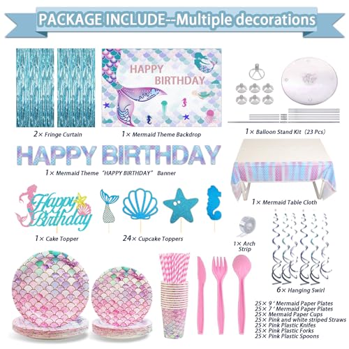 UJoyant 299 Pcs Mermaid Birthday Decorations, Mermaid Party Decorations Kit - Disposable Dinnerware Set with 25 Guests, Backdrop, Balloon, Banner, Tablecloth, Knives, Forks, Spoons, CakeTopper - Image 2
