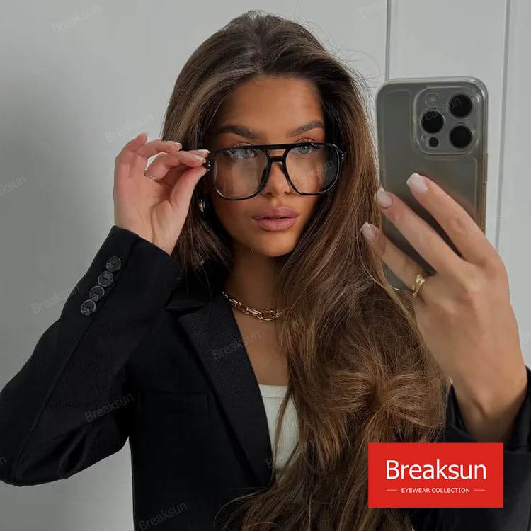 Breaksun Retro Oversized Square Glasses for Women Men Big Square Aviator Blue Light Eyeglasses (Matte Black) - Image 2