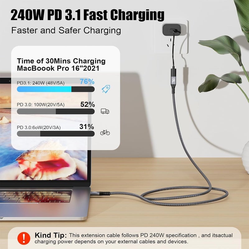 كيبل ديكون كابل شحن USB C 3.2 Gen-2 بقدرة 240 واط مستقيم 5 أمتار، كابل تمديد Thunderbolt 3 من ذكر إلى أنثى، نقل بيانات بسرعة 20 جيجابت في الثانية، 48 فولت/5 أمبير، فيديو Type-C بدقة 4K متوافق مع MacBook M1/M2/M3 - Image 5