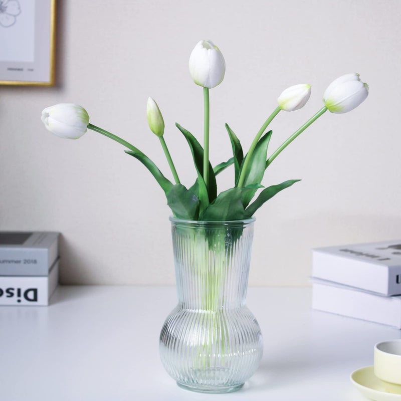 WAKISAKI 16inch Premium Real Touch Fake Tulips Artificial Flowers with Buds Flexible Stem Easy to Shape Faux Tulips Vase not Included 5Pack Set of Peppermint White