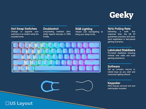 Geeky GK61 60% | Hot Swappable Mechanical Gaming Keyboard | 61 Keys Multi Color RGB LED Backlit for PC/Mac Gamer | ANSI US American Layout (Blue, Mechanical Speed Yellow) - Image 2