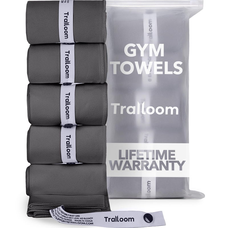 Trailoom Microfiber Workout Towels - Quick Dry, Highly Absorbing, Odor-Free, for Men & Women - Gym Sweat Sports Towel for Hot Yoga, Tennis, Running, Exercise, Working Out, Camping, Set of 5 Dark Gray - Image 1