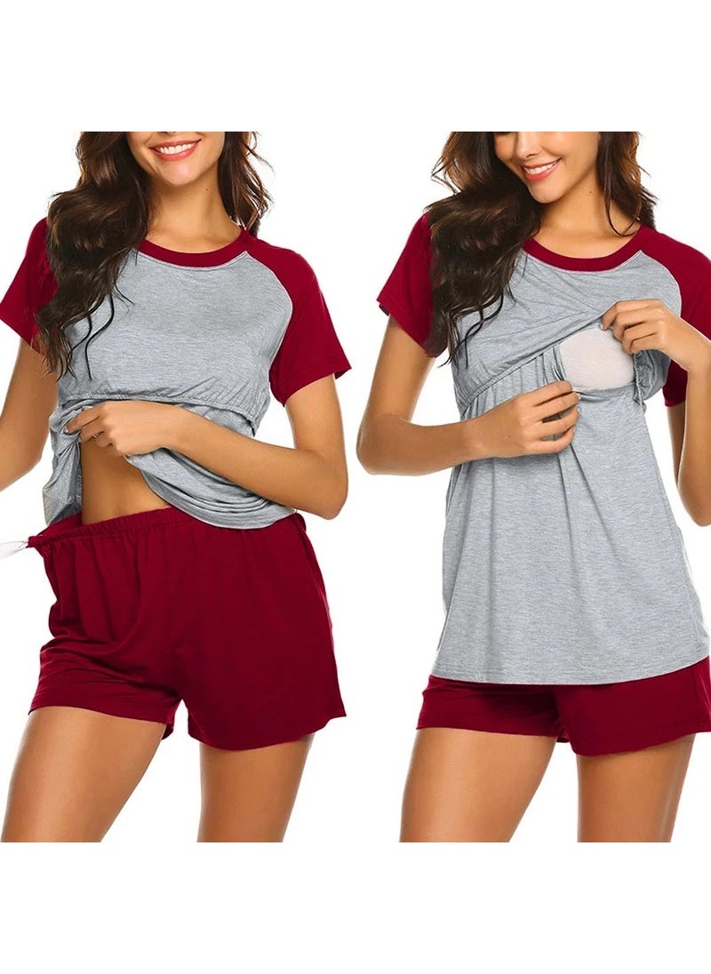 Summer Maternity Pajama Set Soft Modal Wine red