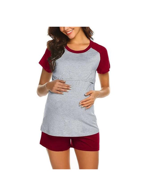 Summer Maternity Pajama Set Soft Modal Wine red