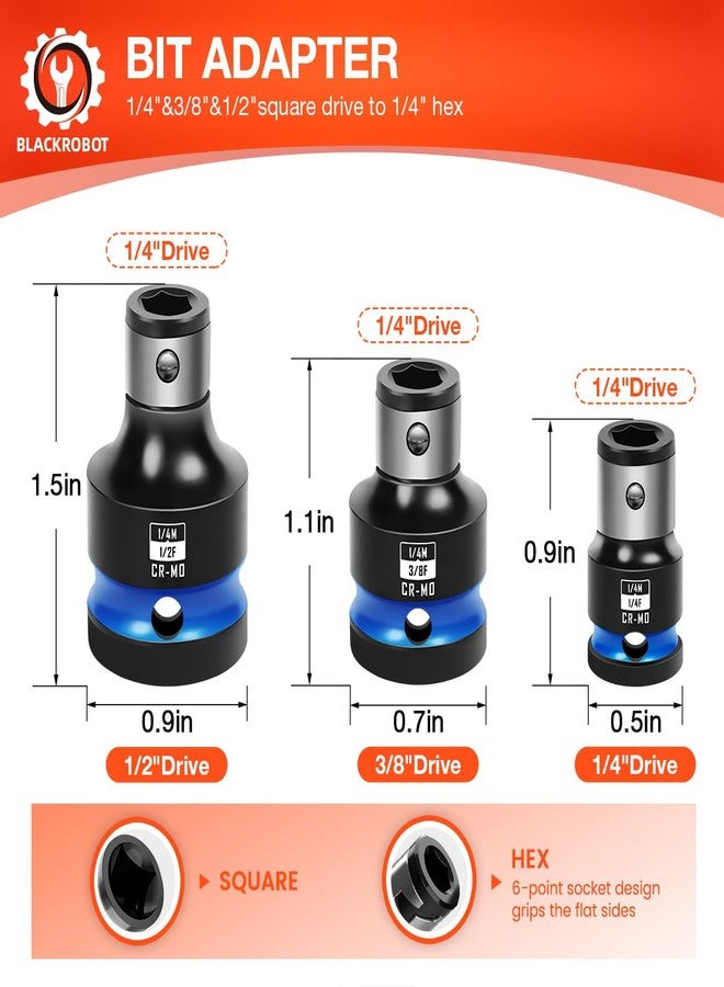 BLACKROBOT 6PCS Impact Bit Holders 1/2 3/8 1/4 Inch Square Drive to 1/4 Inch Hex Socket Adapter for Impact Wrench Ratchet, Cr-Mo - Image 2