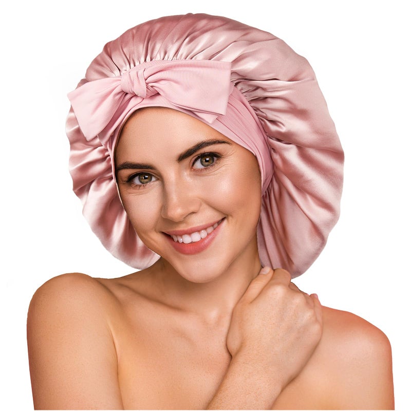 YFONG 100 22 Momme Mulberry Silk Bonnet for Sleeping Women Larger Double Layer Silk Hair Wrap for Curly Short Long Hair NonSlip Sleep Cap Turban with Elastic Tie Band for Hair Care Pink