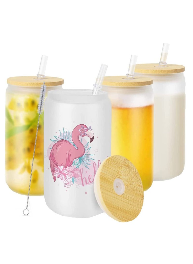Sublimation Glass Blanks with Bamboo Lid 350ML Frosted Sublimation Can Glass Sublimation Glass Tumblers for Iced Coffee Juice Soda Drinks (4 PACK)  - Image 1