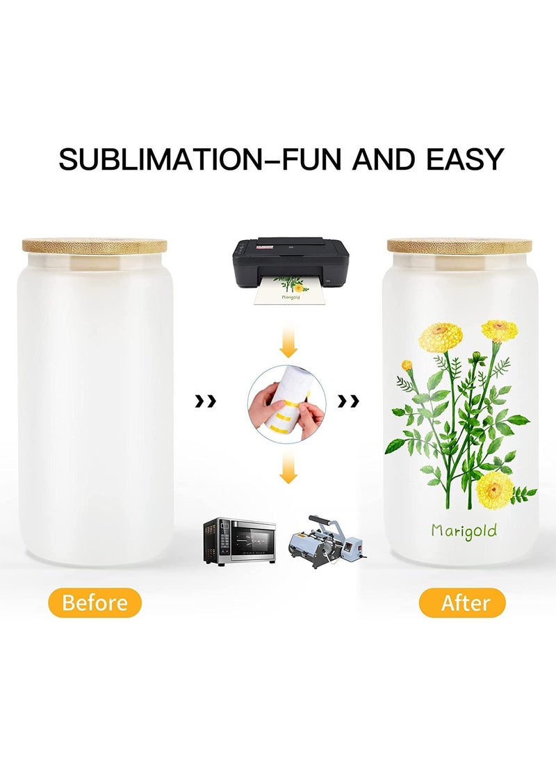 Sublimation Glass Blanks with Bamboo Lid 350ML Frosted Sublimation Can Glass Sublimation Glass Tumblers for Iced Coffee Juice Soda Drinks (4 PACK)  - Image 4