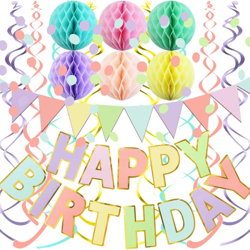 Fecedy Macaron Superlarge Alphabet Happy Birthday Banner Colorful Flag Bunting Circle Confetti Garland Swirl Streamers Honeycomb Ball for Birthday Party Decorations - Image 1