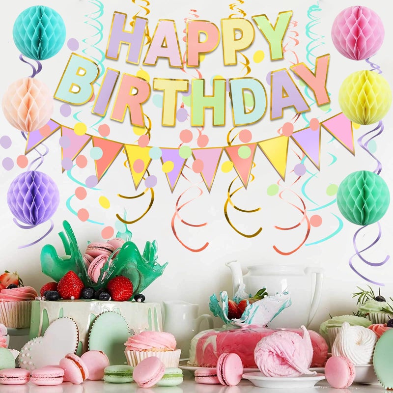 Fecedy Macaron Superlarge Alphabet Happy Birthday Banner Colorful Flag Bunting Circle Confetti Garland Swirl Streamers Honeycomb Ball for Birthday Party Decorations - Image 4