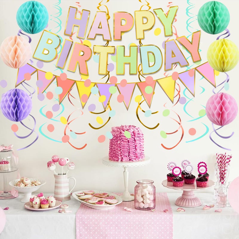 Fecedy Macaron Superlarge Alphabet Happy Birthday Banner Colorful Flag Bunting Circle Confetti Garland Swirl Streamers Honeycomb Ball for Birthday Party Decorations - Image 5