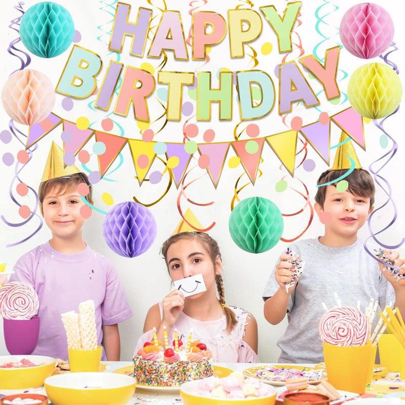 Fecedy Macaron Superlarge Alphabet Happy Birthday Banner Colorful Flag Bunting Circle Confetti Garland Swirl Streamers Honeycomb Ball for Birthday Party Decorations - Image 3