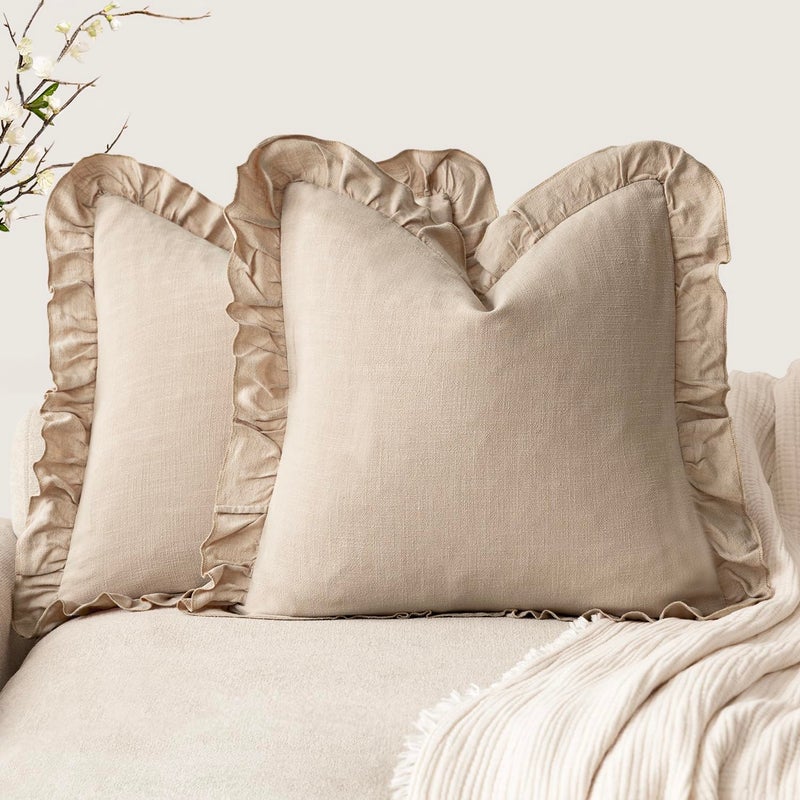 Foindtower Set of 2 Decorative Soild Fringe Ruffle Throw Pillow Covers Soft Boho Farmhouse Cushion Cover Cozy Accent Retro Pillowcase for Couch Sofa Bed Living Room Home Decor,20Ã—20 Inch,Light Tan - Image 1