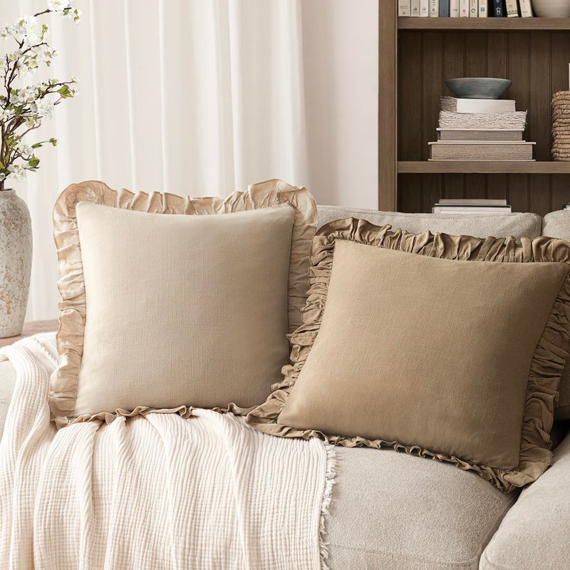 Foindtower Set of 2 Decorative Soild Fringe Ruffle Throw Pillow Covers Soft Boho Farmhouse Cushion Cover Cozy Accent Retro Pillowcase for Couch Sofa Bed Living Room Home Decor,20Ã—20 Inch,Light Tan - Image 4