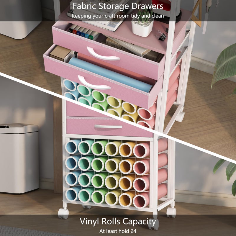 VENNQD Organizer and Storage Stand Compatible with Cricut Machines,Rolling Storage Cart/Shelf with 24 Vinyl Roll Holdersï¼Œ2 Fabric Drawer,Accessories Holder,Tool Hook for Craft Room Home (Pink) - Image 3