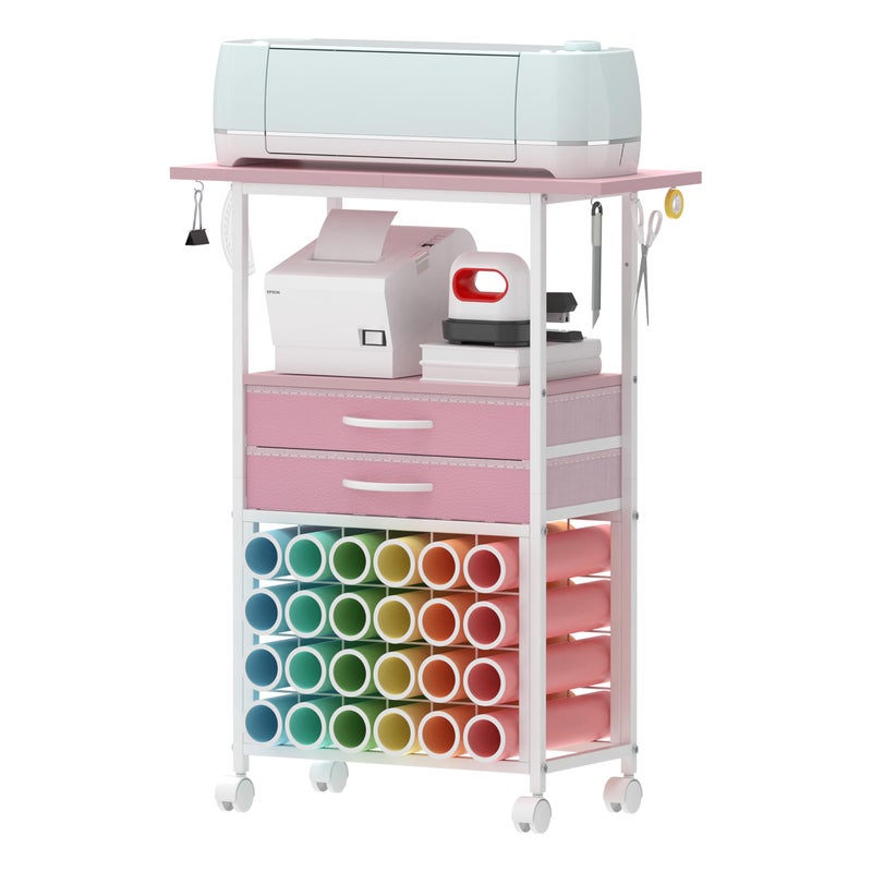 VENNQD Organizer and Storage Stand Compatible with Cricut Machines,Rolling Storage Cart/Shelf with 24 Vinyl Roll Holdersï¼Œ2 Fabric Drawer,Accessories Holder,Tool Hook for Craft Room Home (Pink) - Image 1