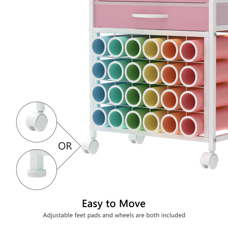 VENNQD Organizer and Storage Stand Compatible with Cricut Machines,Rolling Storage Cart/Shelf with 24 Vinyl Roll Holdersï¼Œ2 Fabric Drawer,Accessories Holder,Tool Hook for Craft Room Home (Pink) - Image 5
