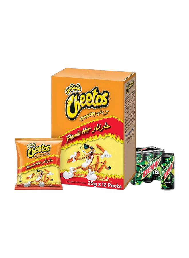 Mountain Dew Cheetos Crunchy Flaming Hot , 25g × 12 Pack of 12 + Mountain Dew Carbonated Soft Drink Cans 330ml Pack of 6