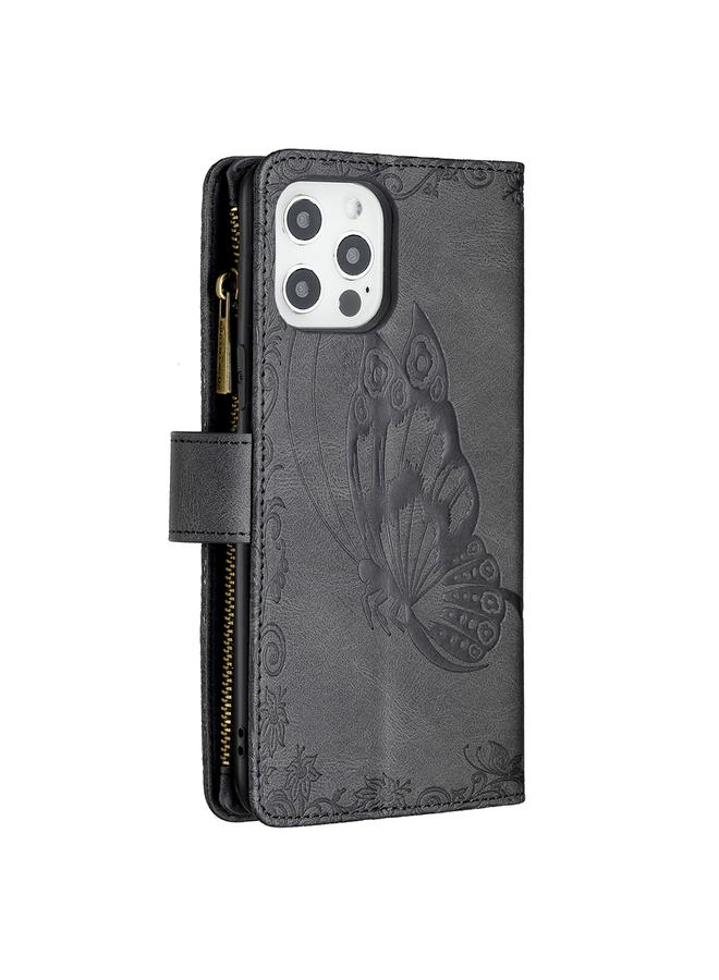 زبون جراب لهاتف iPhone 12 Pro Max بنقشة فراشة طائرة، جراب جلدي بسحاب أفقي مع حامل وفتحات للبطاقات ومحفظة - Image 3