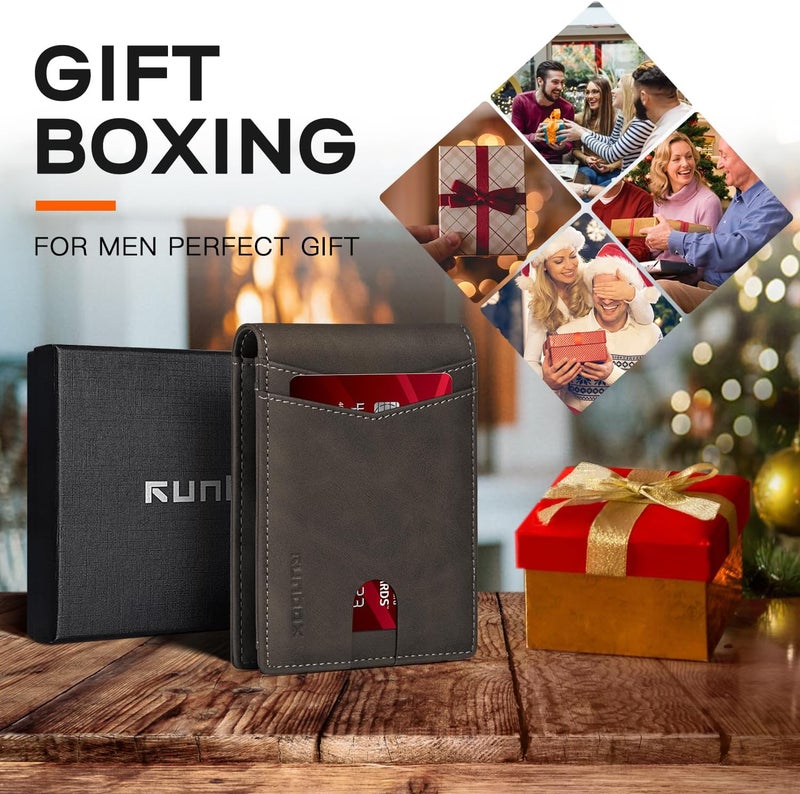 RUNBOX Wallet for Men Slim Credit Card Holder Leather RFID Blocking Small Thin Men's Wallet Bifold Minimalist Front Pocket Large Capacity Gift Box, Bicolor Dark Brown(one-pocket), Minimalist - Image 3