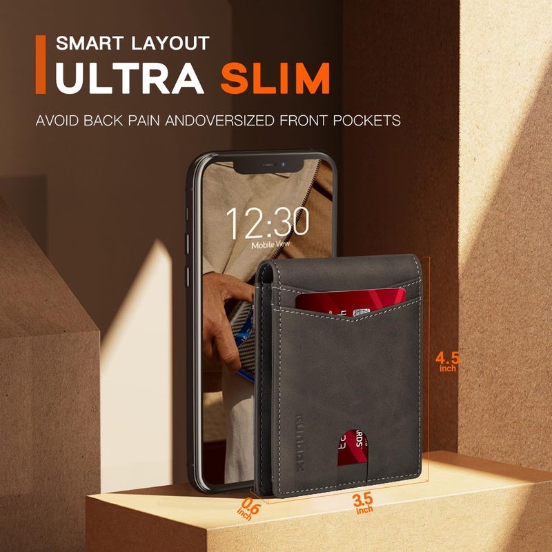 RUNBOX Wallet for Men Slim Credit Card Holder Leather RFID Blocking Small Thin Men's Wallet Bifold Minimalist Front Pocket Large Capacity Gift Box, Bicolor Dark Brown(one-pocket), Minimalist - Image 5